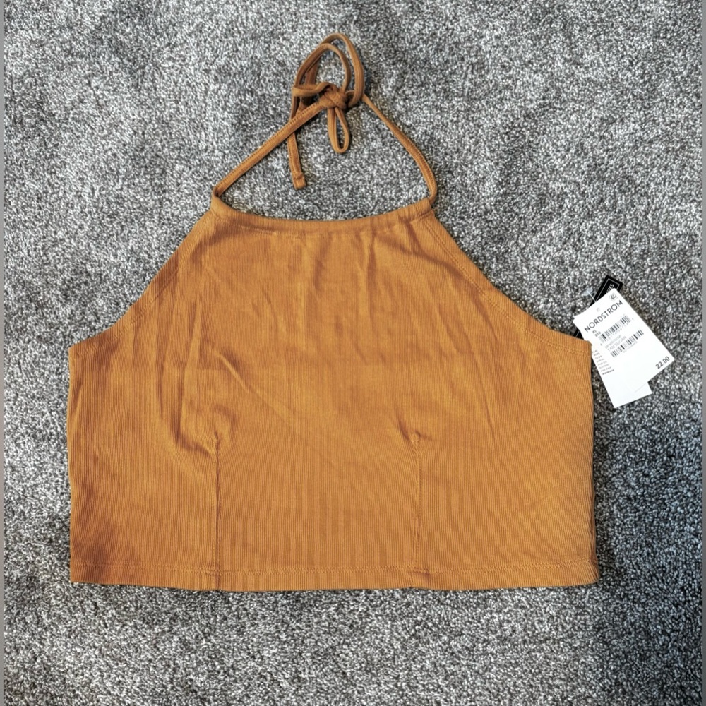 Nordstrom BP Women's Tan Sugar Cropped Ribbed Halter Top